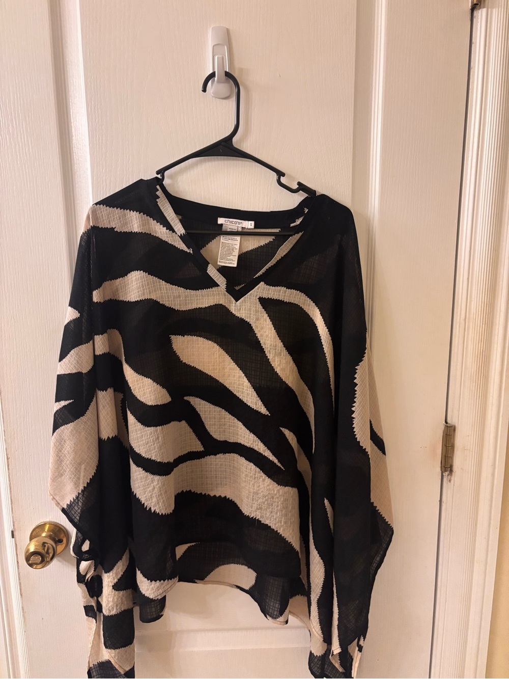 Chico's Black and Cream Zebra-Pattern V-Neck Poncho